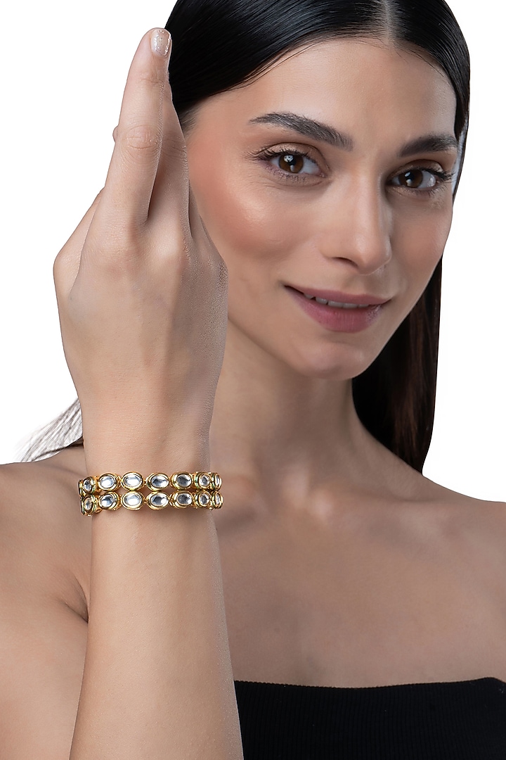 Gold Finish Kundan Polki & Green Stone Layered Bracelet by AAKARSHA BY AJAY at Pernia's Pop Up Shop