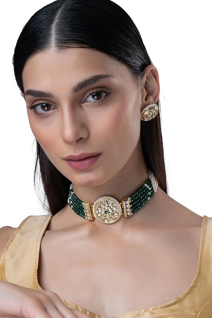 Gold Finish Pearl & Emerald Stone Choker Necklace Set by AAKARSHA BY AJAY at Pernia's Pop Up Shop