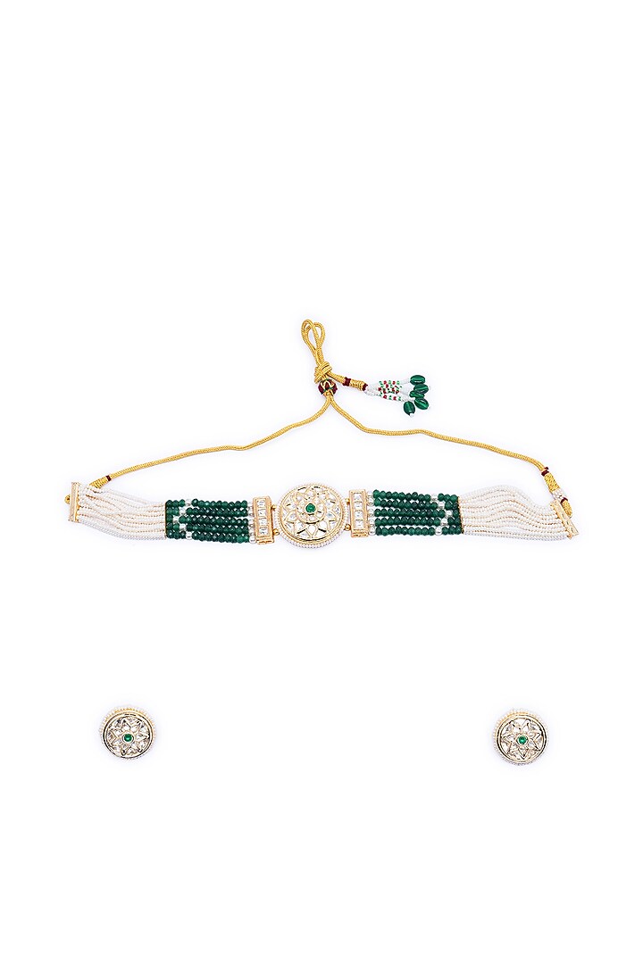 Gold Finish Pearl & Emerald Stone Choker Necklace Set by AAKARSHA BY AJAY at Pernia's Pop Up Shop