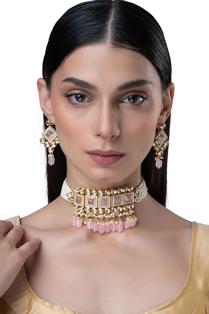 Gold Finish Kundan Polki & Pink Stone Choker Necklace Set by AAKARSHA BY AJAY at Pernia's Pop Up Shop
