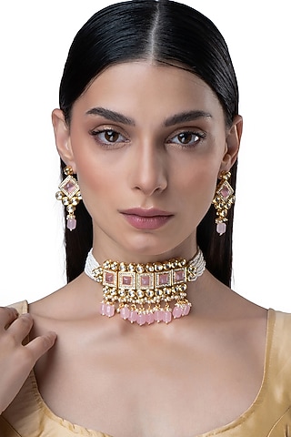 Gold Finish Kundan Polki & Pink Stone Choker Necklace Set by AAKARSHA BY AJAY