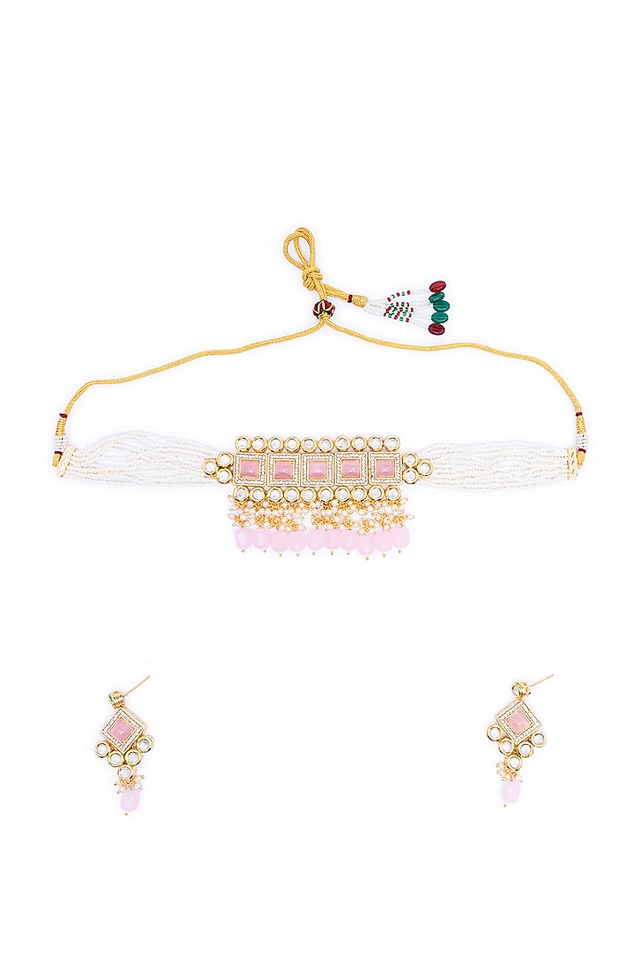 Gold Finish Kundan Polki & Pink Stone Choker Necklace Set by AAKARSHA BY AJAY at Pernia's Pop Up Shop