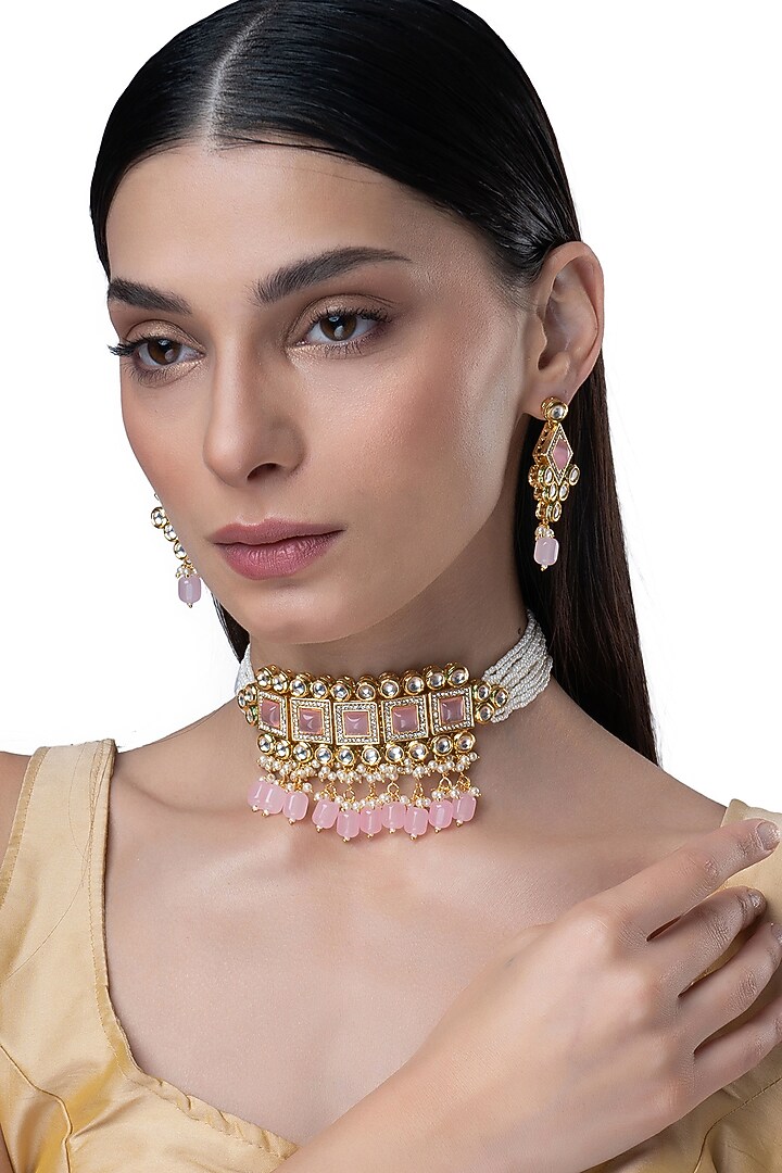 Gold Finish Kundan Polki & Pink Stone Choker Necklace Set by AAKARSHA BY AJAY at Pernia's Pop Up Shop