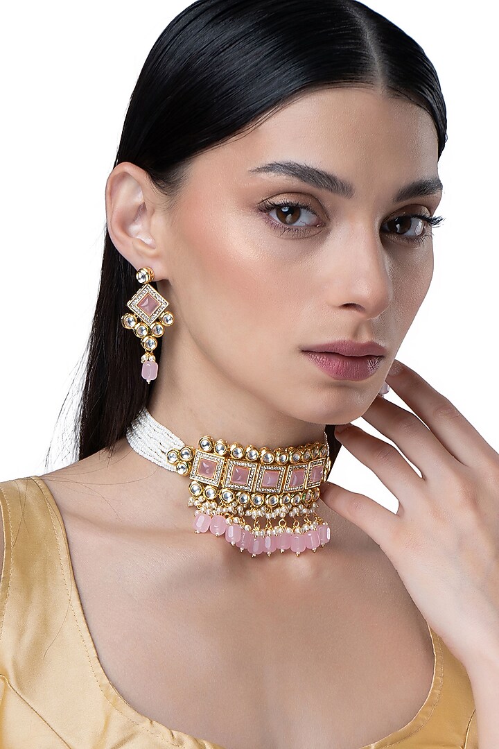 Gold Finish Kundan Polki & Pink Stone Choker Necklace Set by AAKARSHA BY AJAY at Pernia's Pop Up Shop