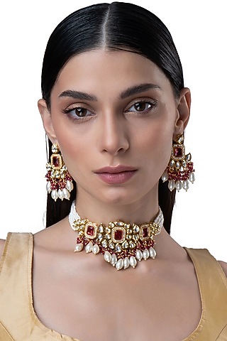 Gold Finish Kundan Polki & Motif Pearl Floral Choker Necklace Set by AAKARSHA BY AJAY