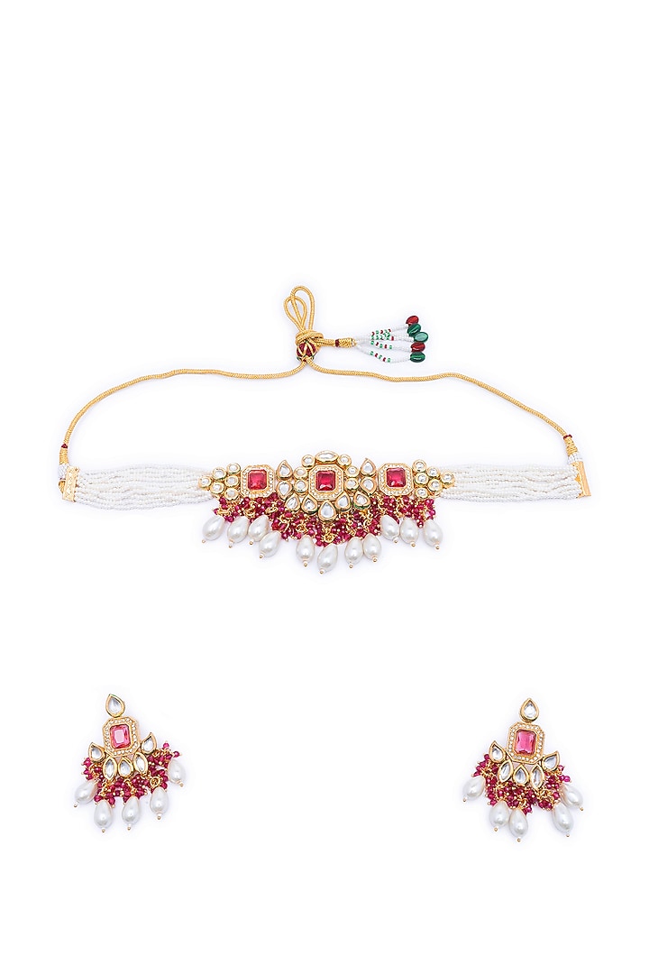 Gold Finish Kundan Polki & Motif Pearl Floral Choker Necklace Set by AAKARSHA BY AJAY at Pernia's Pop Up Shop