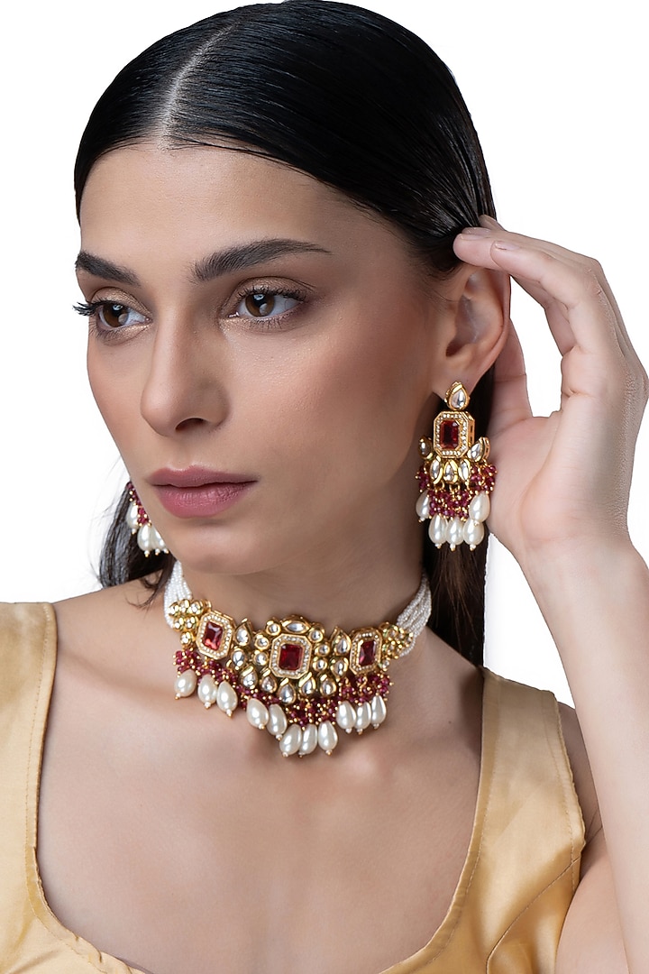 Gold Finish Kundan Polki & Motif Pearl Floral Choker Necklace Set by AAKARSHA BY AJAY at Pernia's Pop Up Shop