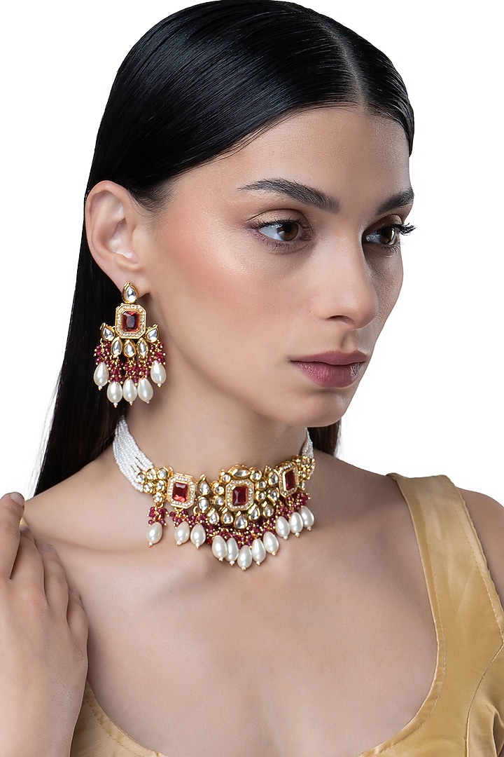 Gold Finish Kundan Polki & Motif Pearl Floral Choker Necklace Set by AAKARSHA BY AJAY at Pernia's Pop Up Shop