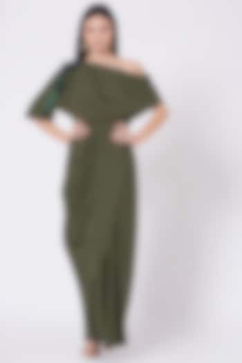 Olive Green Draped Summer Dress With Crystals by Aakaar at Pernia's Pop Up Shop