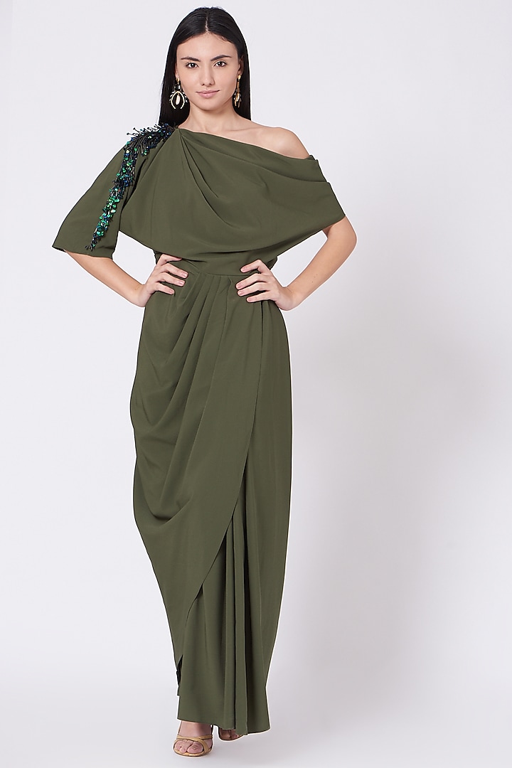 Olive Green Draped Summer Dress With Crystals by Aakaar at Pernia's Pop Up Shop
