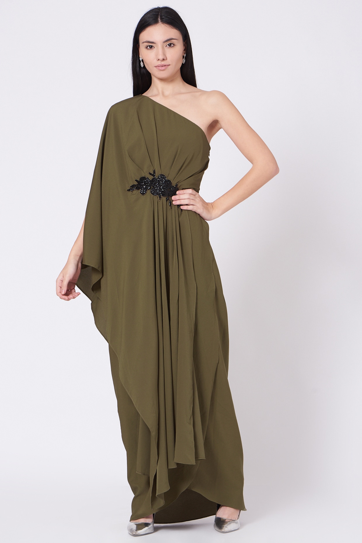 olive green one shoulder dress