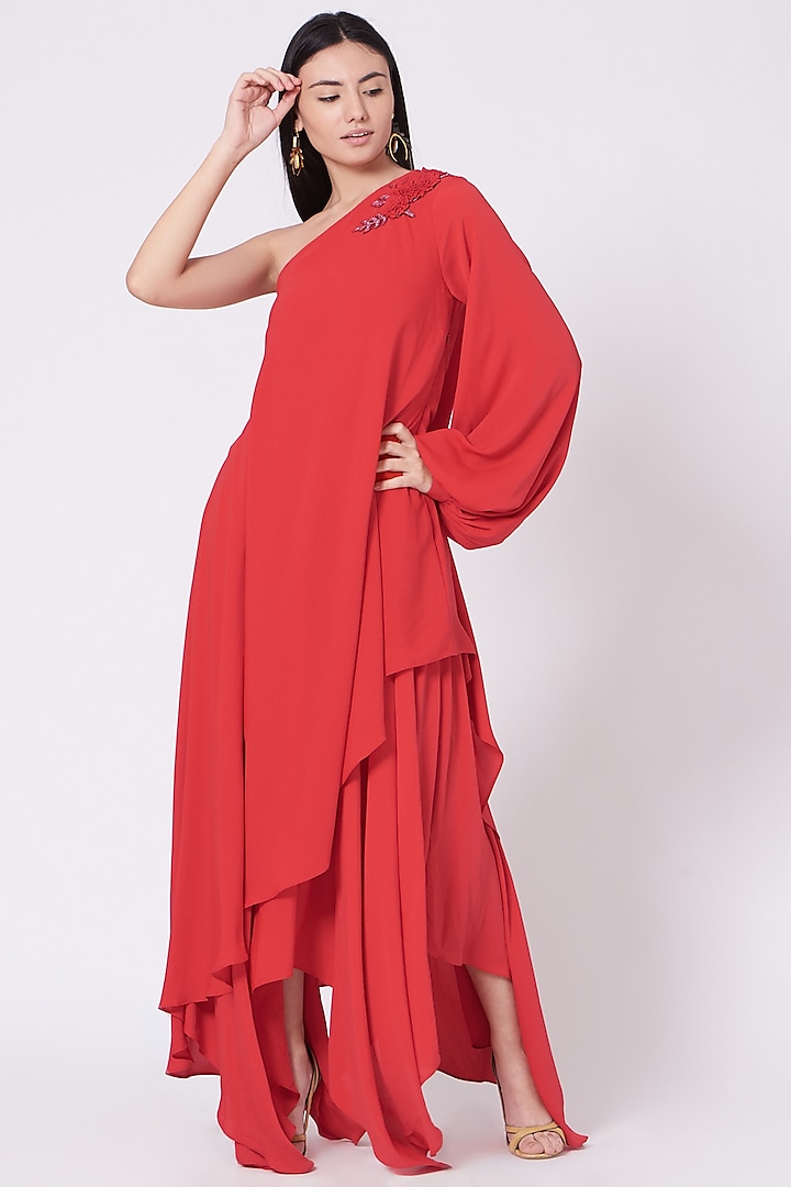 Red One Shoulder Maxi Dress by Aakaar