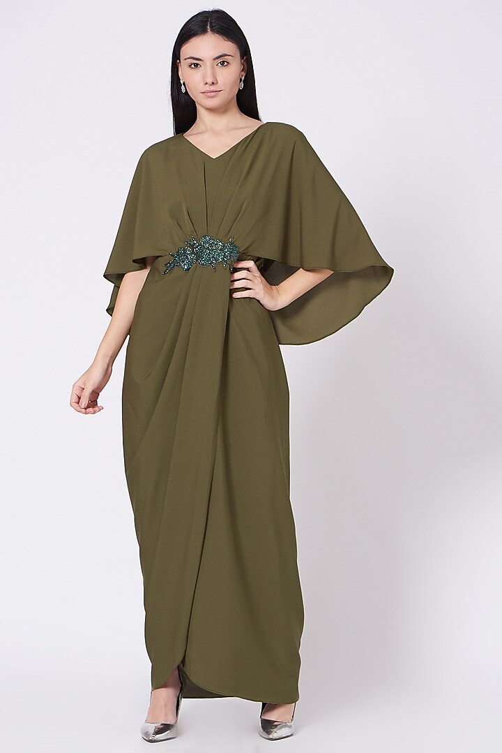 Olive Green Cape Draped Summer Dress by Aakaar at Pernia's Pop Up Shop