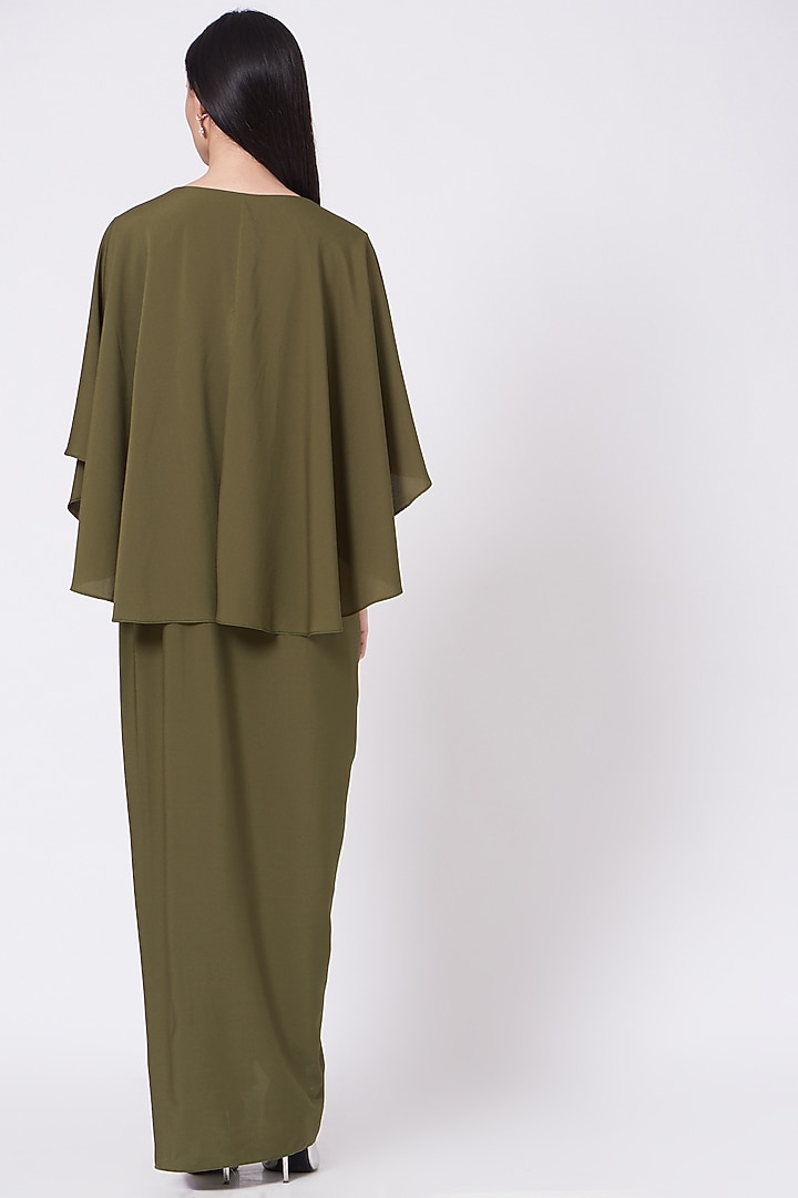 Olive Green Cape Draped Summer Dress by Aakaar at Pernia's Pop Up Shop