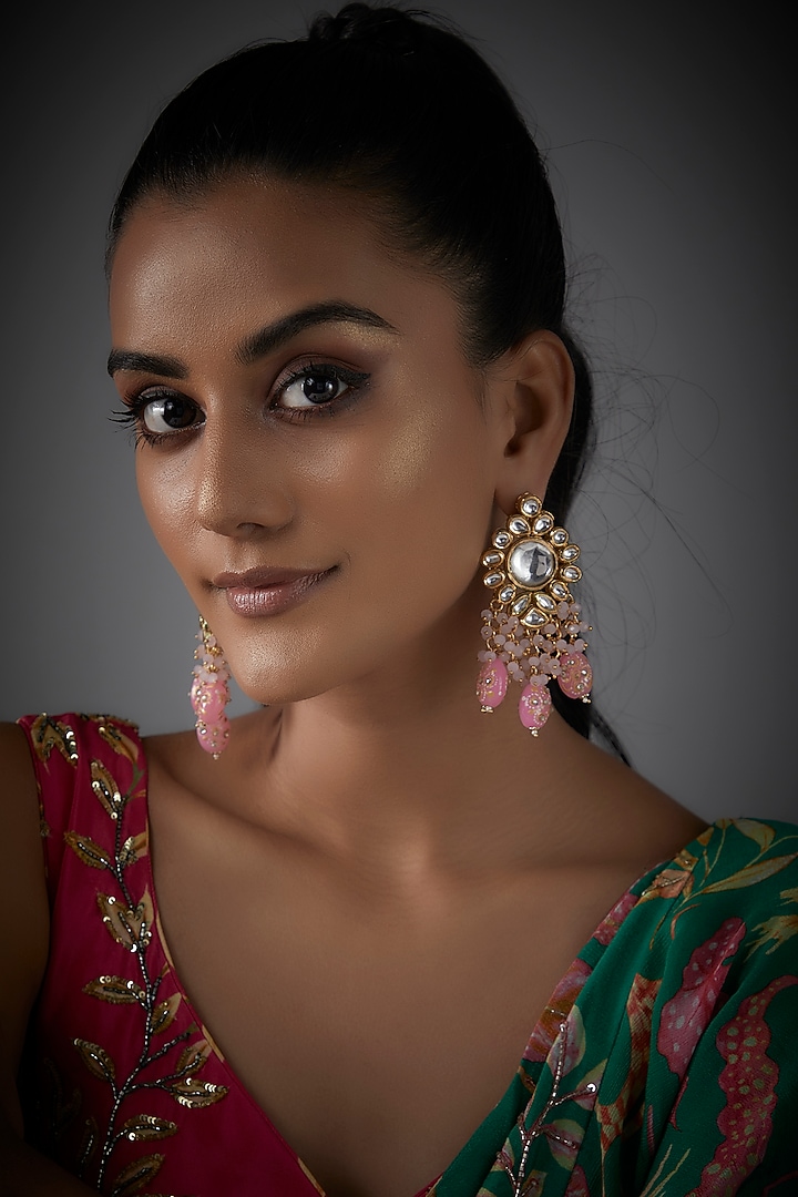 Gold Finish Kundan Polki & Pink Beaded Dangler Earrings by AAKARSHA BY AJAY at Pernia's Pop Up Shop
