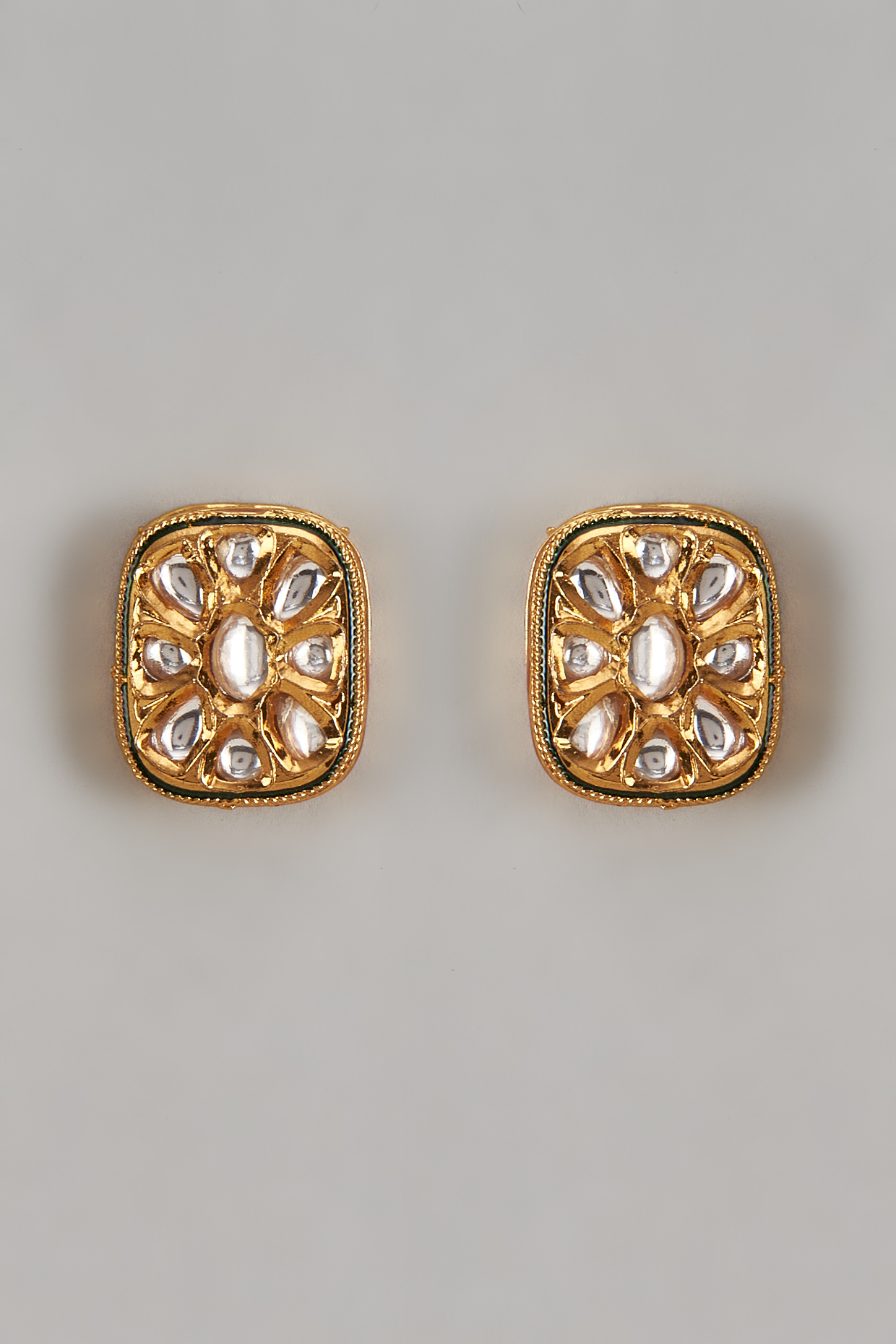 Gold Plated Kundan Polki Green Square Stud Earrings by AAKARSHA BY AJAY