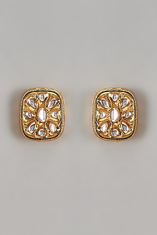 Gold Plated Kundan Polki Green Square Stud Earrings by AAKARSHA BY AJAY
