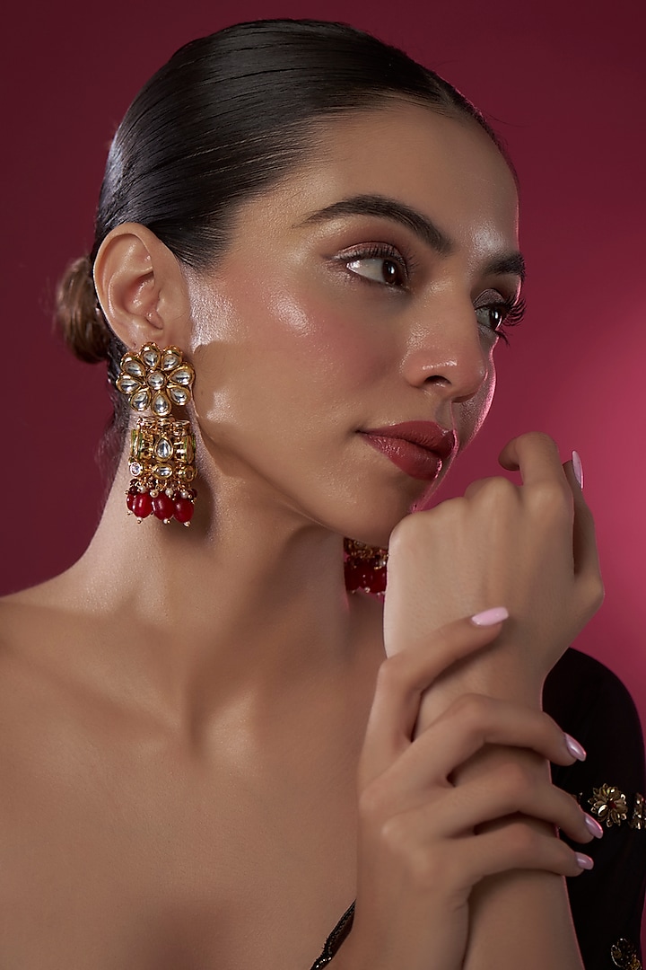 Gold Finish Kundan Polki & Ruby Floral Jhumka Earrings by AAKARSHA BY AJAY