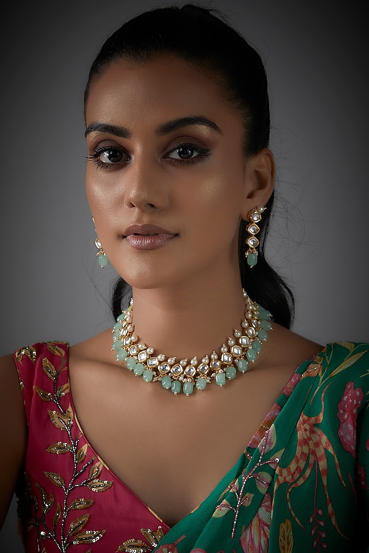 Gold Finish Kundan Polki & Mint Stone Choker Necklace Set by AAKARSHA BY AJAY