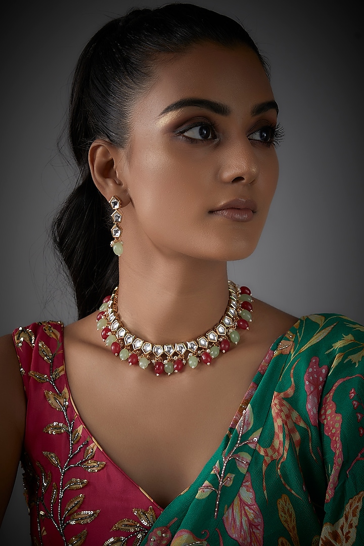 Gold Finish Mint & Ruby Quartz Drop Choker Necklace Set by AAKARSHA BY AJAY