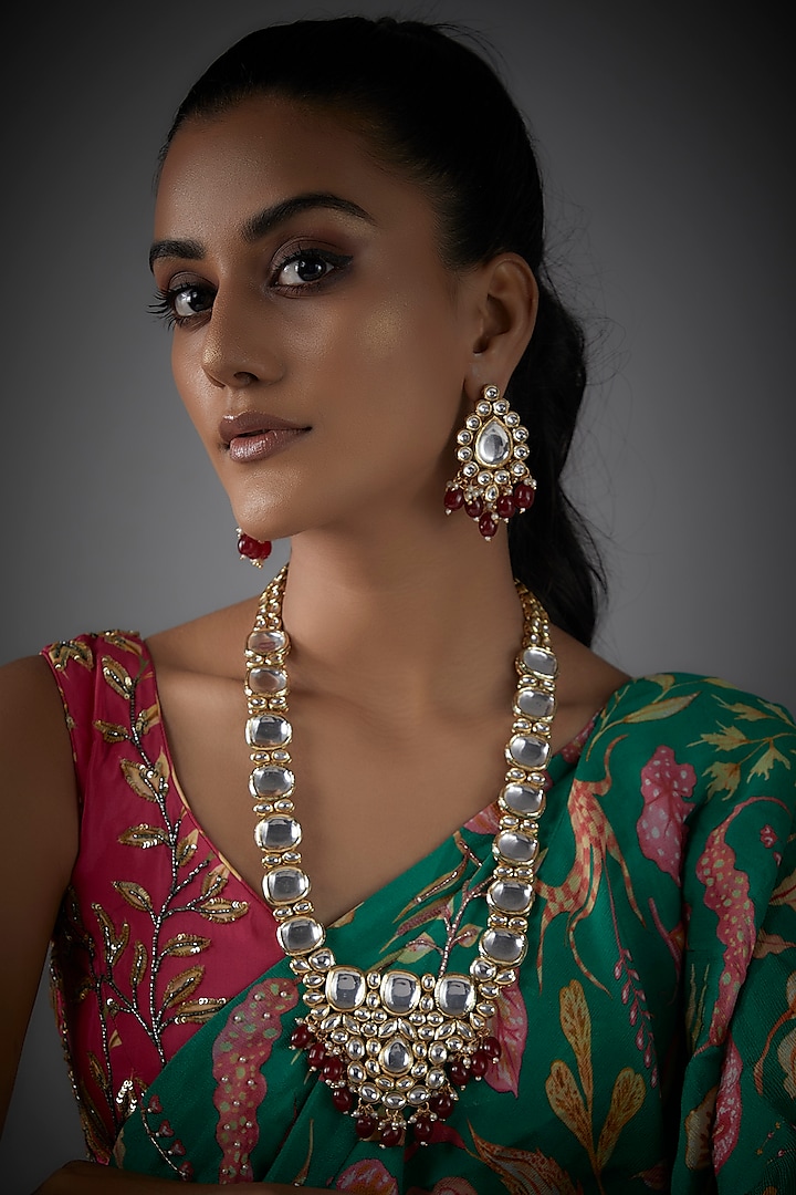 Gold Finish Kundan Polki & Red Stone Long Necklace Set by AAKARSHA BY AJAY