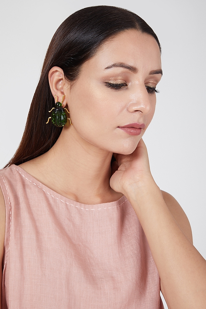 Gold Finish Green Beetle Earrings by Aadikara