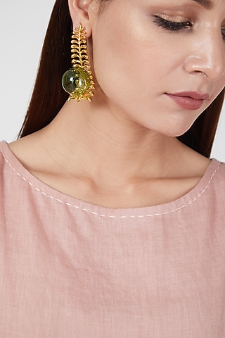 Gold Finish Fern Of Dessert Green Earrings by Aadikara