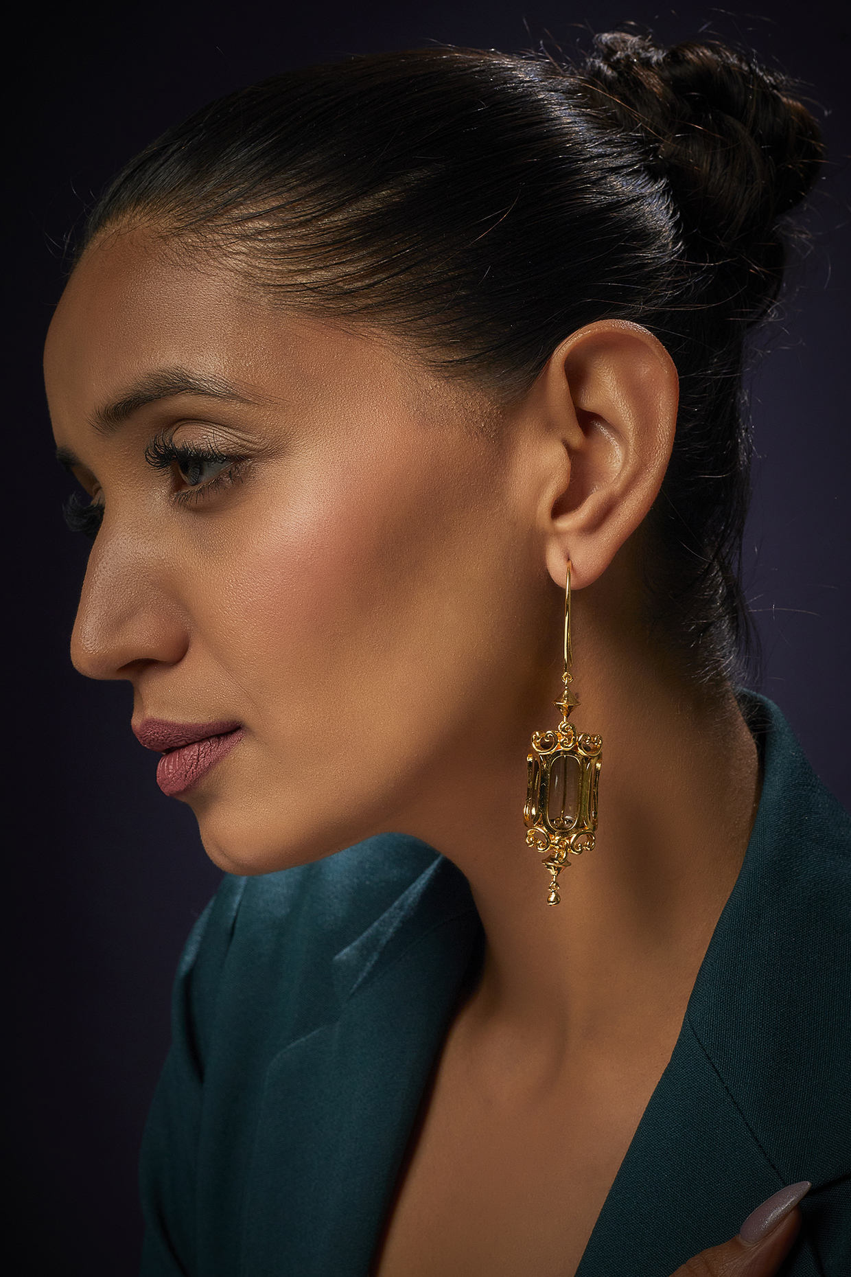 Gold Finish Grey Dangler Earrings by Aadikara at Pernia's Pop Up Shop