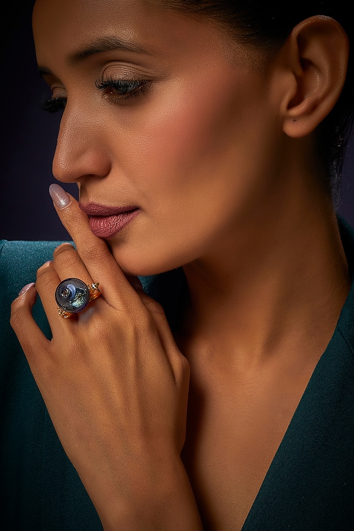 Gold Finish Blue Geometrical Ring by Aadikara at Pernia's Pop Up Shop