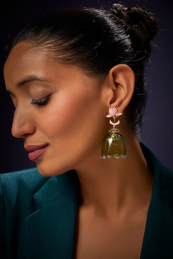 Gold Finish Green Dangler Earrings by Aadikara