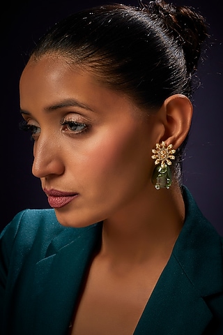 Gold Finish Green Dangler Earrings by Aadikara