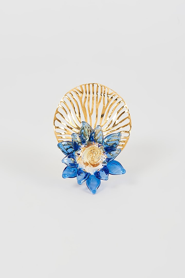 Gold Finish Blue Floral Dangler Earrings by Aadikara at Pernia's Pop Up Shop