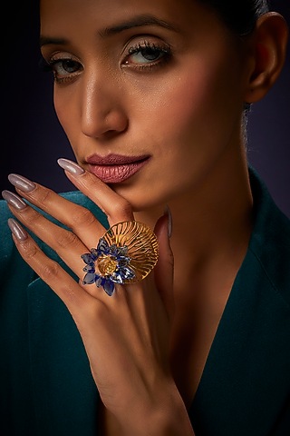 Gold Finish Blue Floral Dangler Earrings by Aadikara