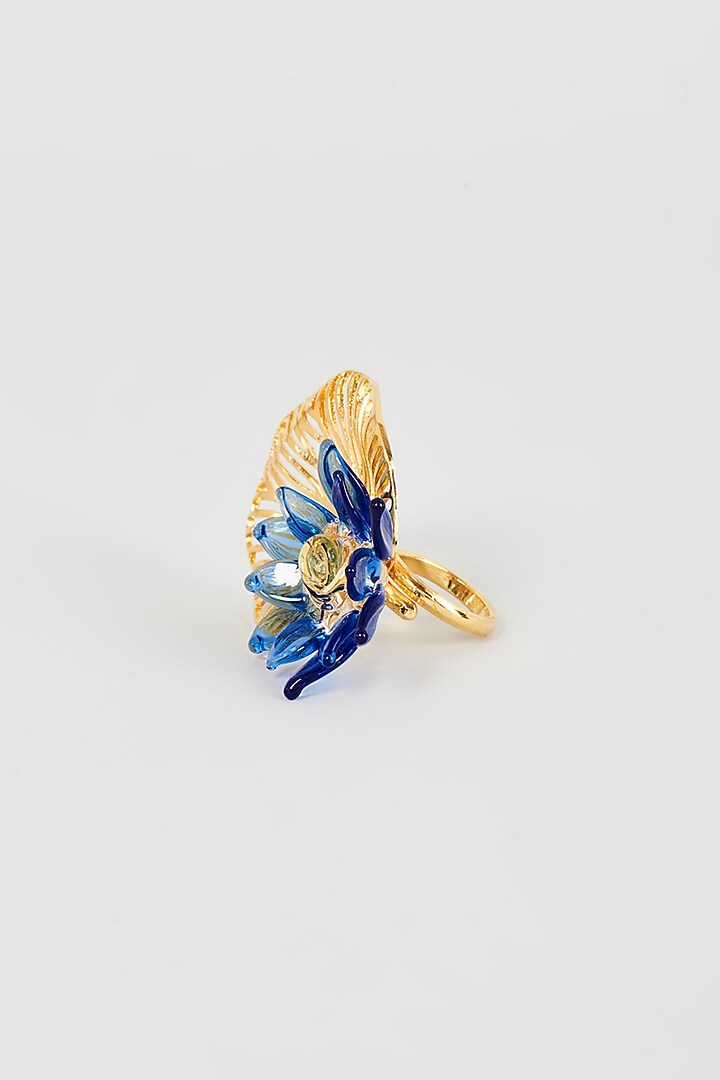 Gold Finish Blue Floral Dangler Earrings by Aadikara at Pernia's Pop Up Shop