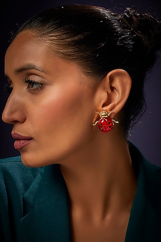 Gold Finish Red Stud Earrings by Aadikara