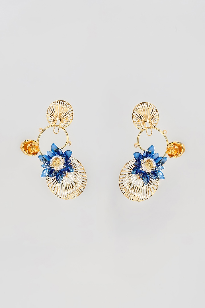 Gold Finish Blue Floral Dangler Earrings by Aadikara at Pernia's Pop Up Shop