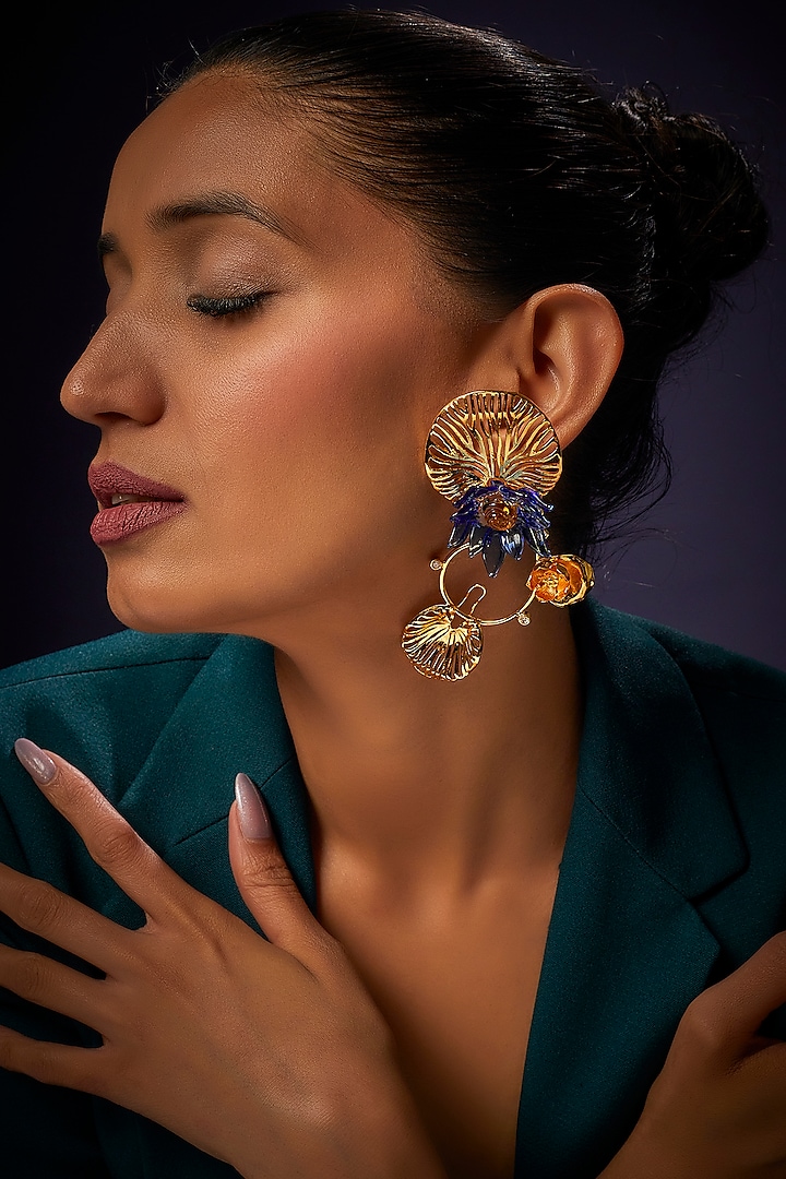 Gold Finish Blue Floral Dangler Earrings by Aadikara