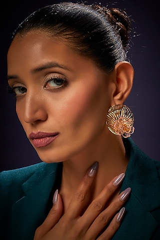 Gold Finish Pink Floral Stud Earrings by Aadikara