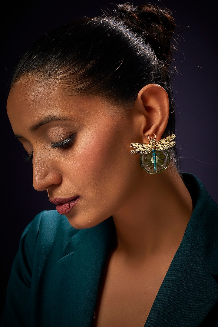 Gold Finish Green Stud Earrings by Aadikara