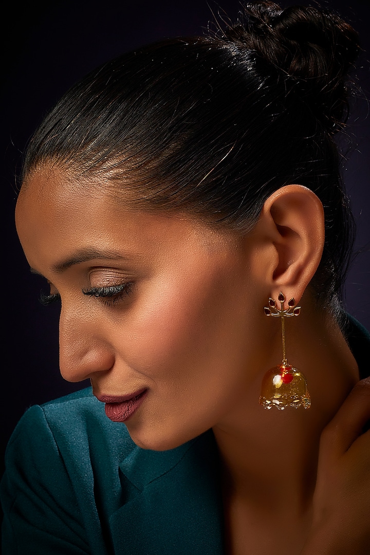 Gold Finish Red Dangler Earrings by Aadikara