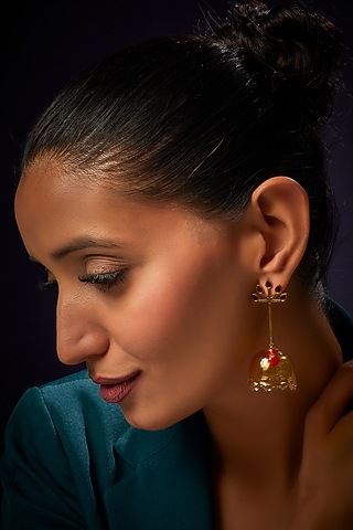 Gold Finish Red Dangler Earrings by Aadikara