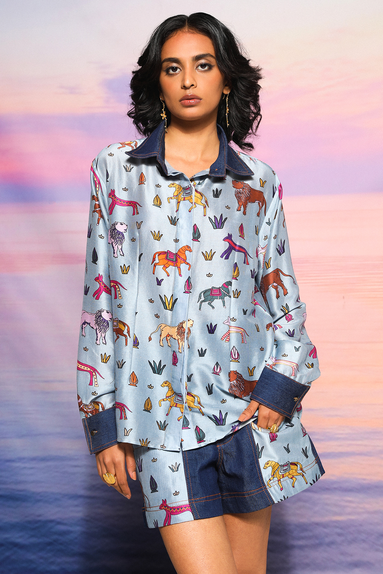 Blue Denim & Chanderi Shirt by Ananya Agrawal Label at Pernia's Pop Up Shop