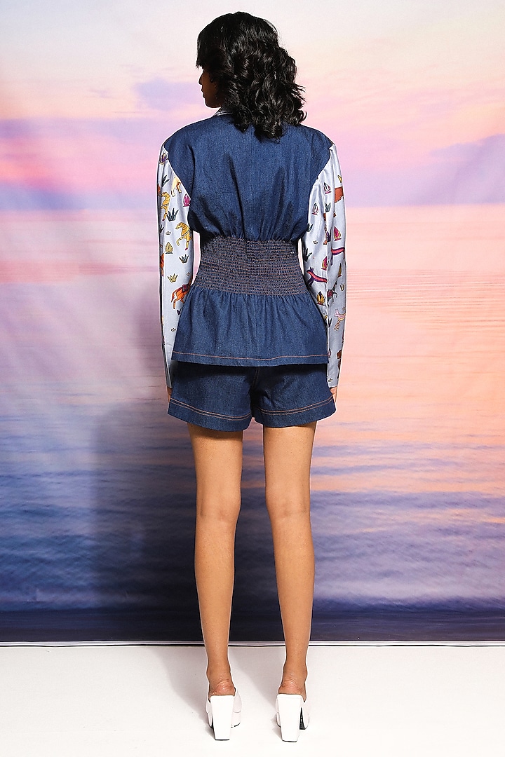 Blue Denim & Chanderi Printed Blazer Set by Ananya Agrawal Label at Pernia's Pop Up Shop