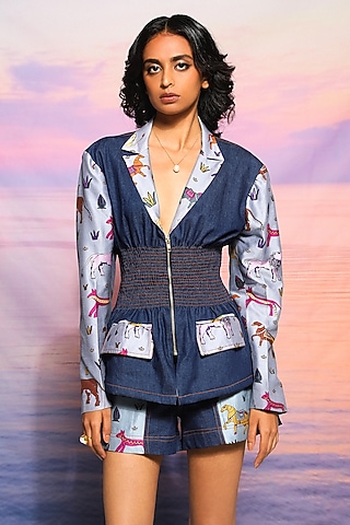 Blue Denim & Chanderi Printed Blazer by Ananya Agrawal Label