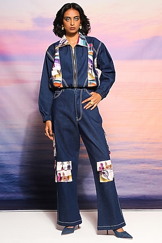 Blue Denim & Chanderi Printed Bomber Jacket Set by Ananya Agrawal Label