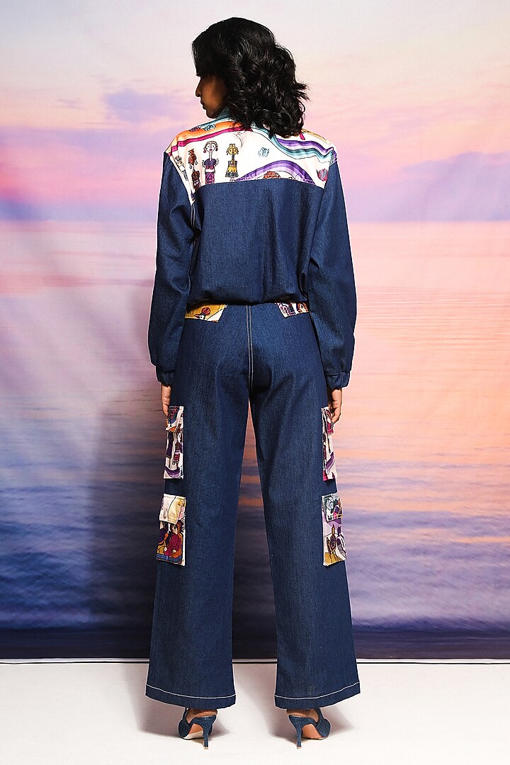 Blue Denim & Chanderi Printed Bomber Jacket Set by Ananya Agrawal Label at Pernia's Pop Up Shop