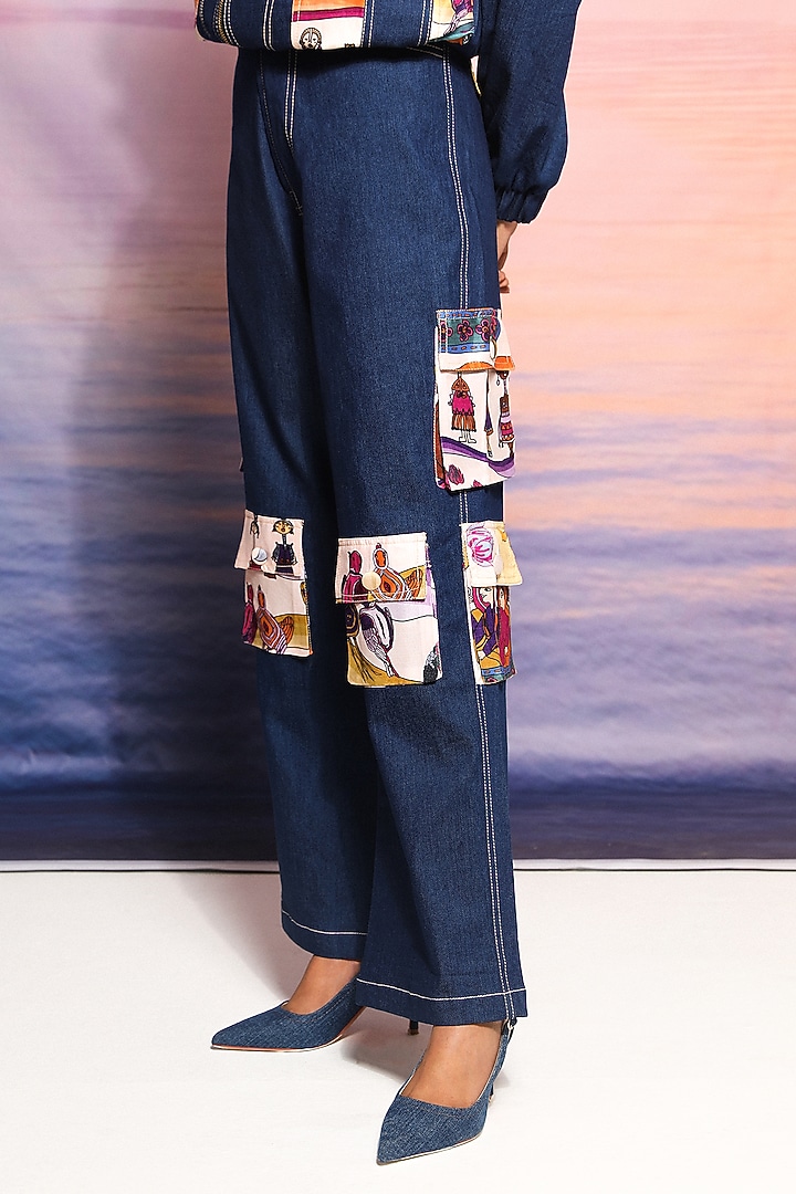 Blue Denim & Chanderi Printed Bomber Jacket Set by Ananya Agrawal Label at Pernia's Pop Up Shop