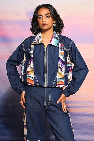 Blue Denim & Chanderi Printed Bomber Jacket by Ananya Agrawal Label