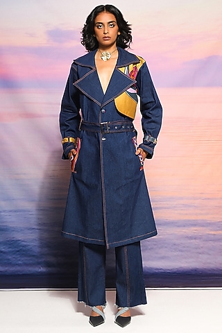 Blue Denim & Chanderi Printed Trench Coat by Ananya Agrawal Label