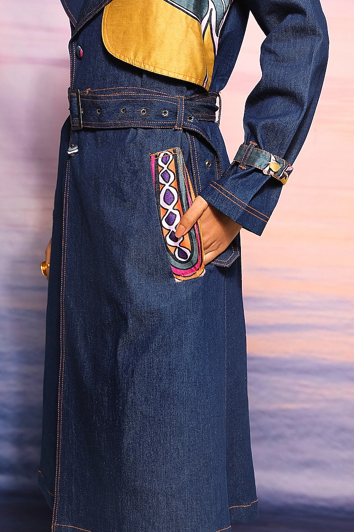 Blue Denim & Chanderi Printed Trench Coat by Ananya Agrawal Label at Pernia's Pop Up Shop